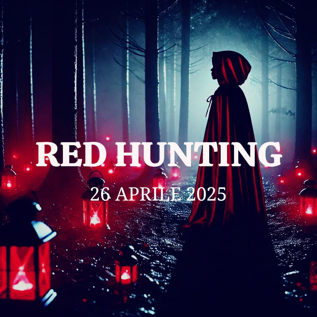 Riferimento visivo RED HUNTING 2025 con Cappuccetto Rosso nel bosco e lanterne rosse